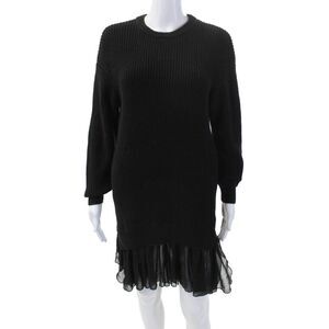 Izzue Women's Round Neck Long Sleeves Sheer Hem Mini Dress Black Size XS